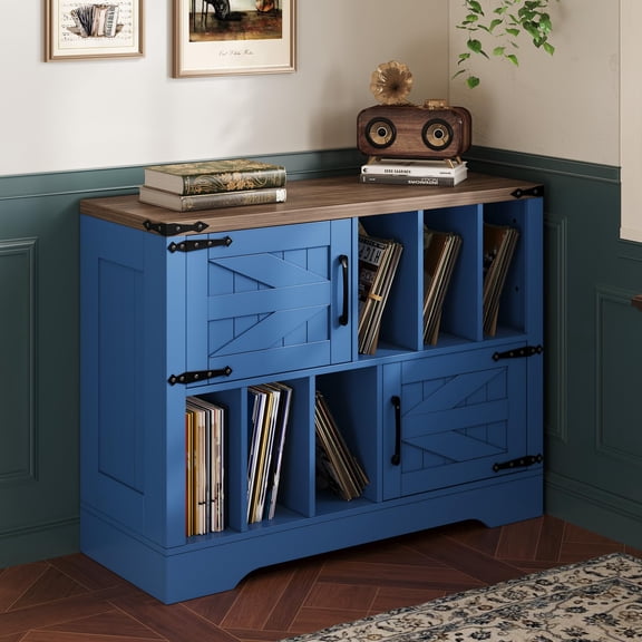 39in Large Record Player Stand with Vinyl Storage, Farmhouse Wood Turntable Cabinet with 2 Barn Doors, Mid-Century Modern Record Storage Holds Up to 450 Albums for Living Room Bedroom- Blue