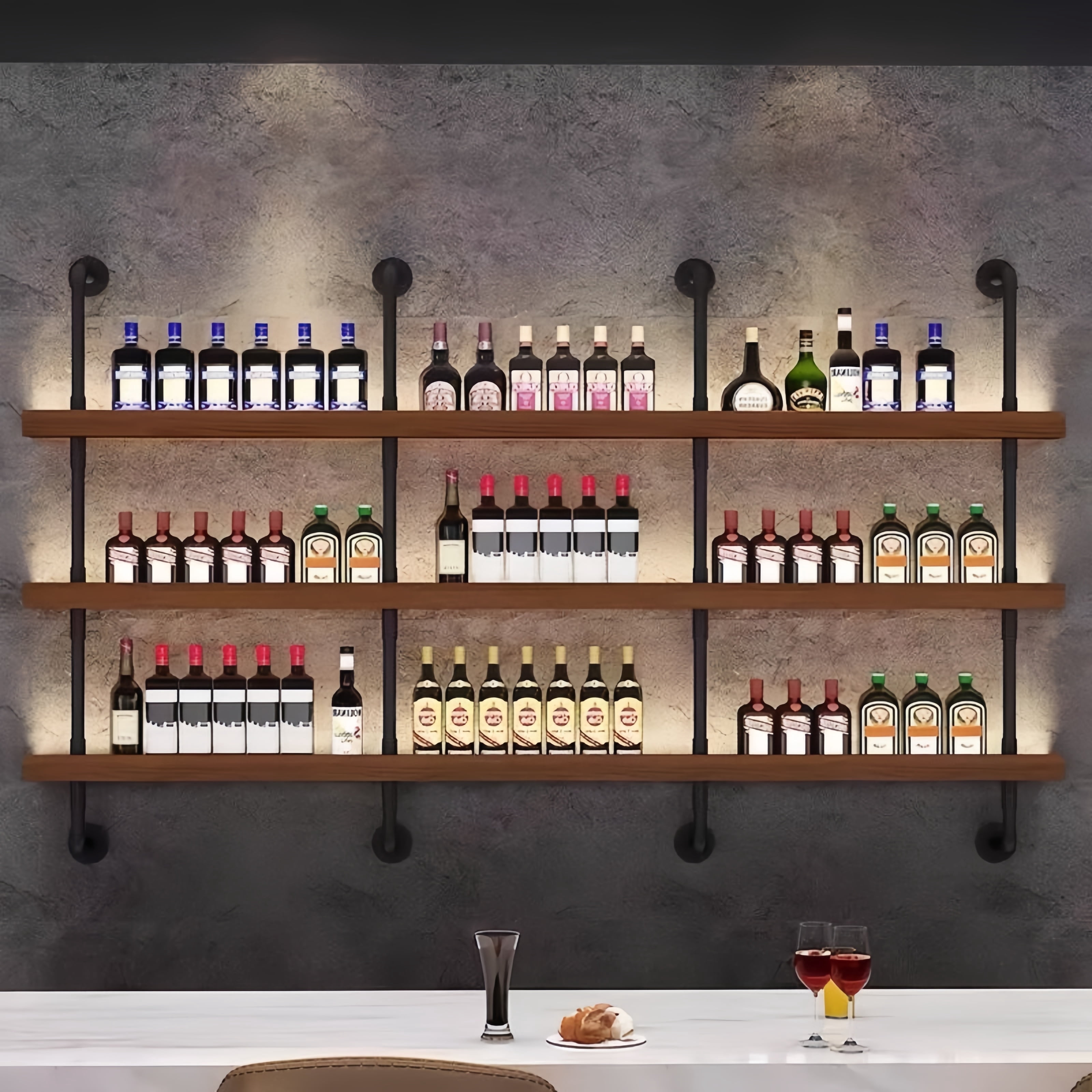 39in Large Wall Mounted Wine Rack, 3 Tier Industrial Pipe Shelf Rustic Wood Shelves, Wall Bar Shelves for Liquor Bottles Display Storage Organizer for Dining Room(Walnut, No Lights)