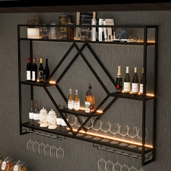 39in Metal Wall Mounted Wine Rack, 3-Tier Bar Shelf with Glass Holder, Modern Large Capacity Bar Liquor Bottle Display Shelf for Dining Room & Kitchen