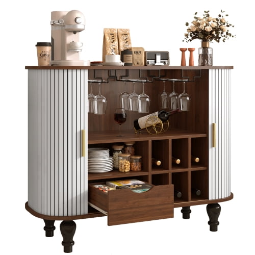 39in Mid-Century Fluted Bar Cabinet, Home Liquor & Coffee Station with 6 Wine Racks, 3 Glass Holders, Large Drawer & 4 Side Hidden Storage, White