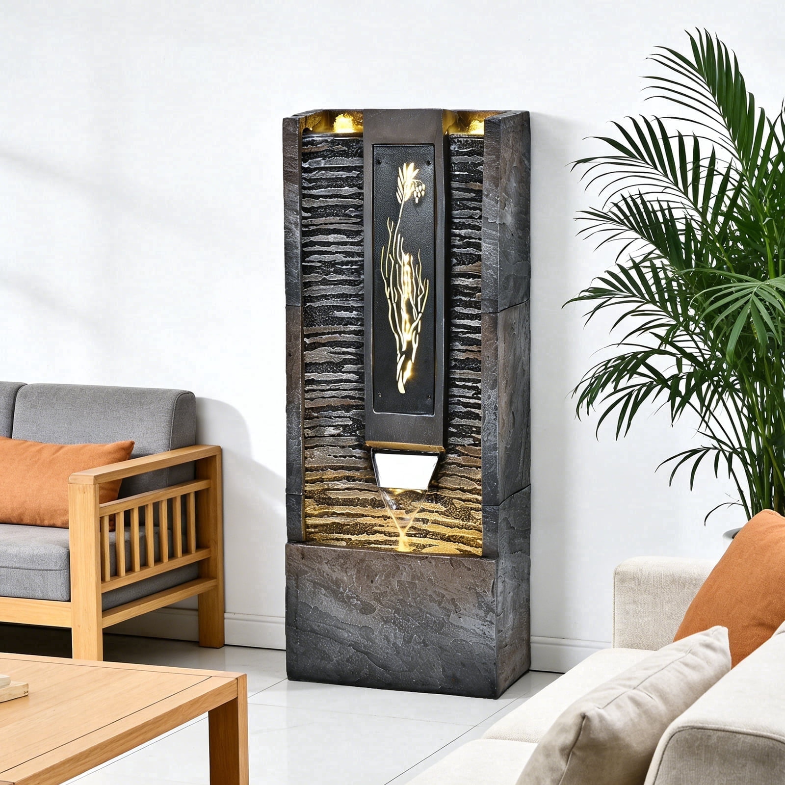 39in.Modern Outdoor Fountain ,Resin Water Feature, Indoor Outdoor Garden Waterfall Fountain