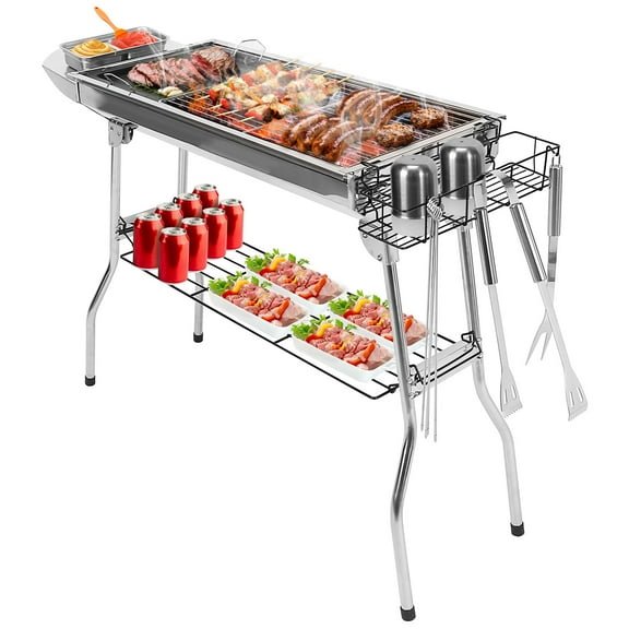 39in Portable Foldable BBQ Grill Table Charcoal Stainless Steel Grill Picnic Camping Sliver
