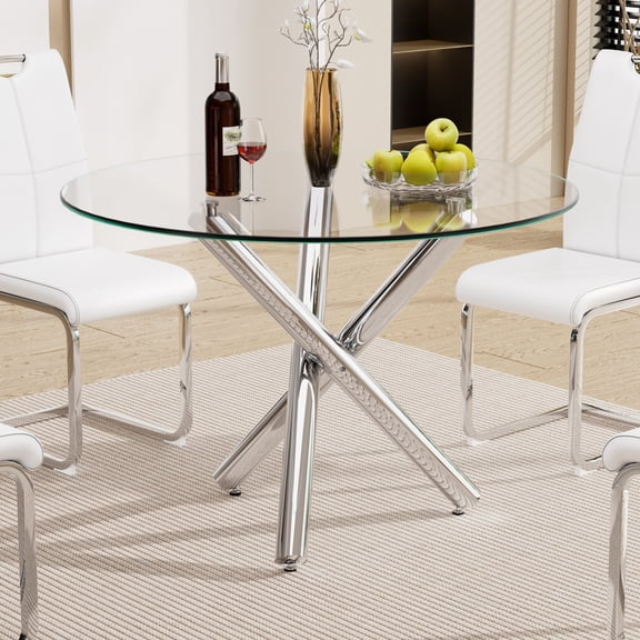 39in Round Glass Dining Table, Tempered Glass Tabletop and Metal Legs, Modern Style Glass Kitchen Table for Home, Kitchen, Dining Room