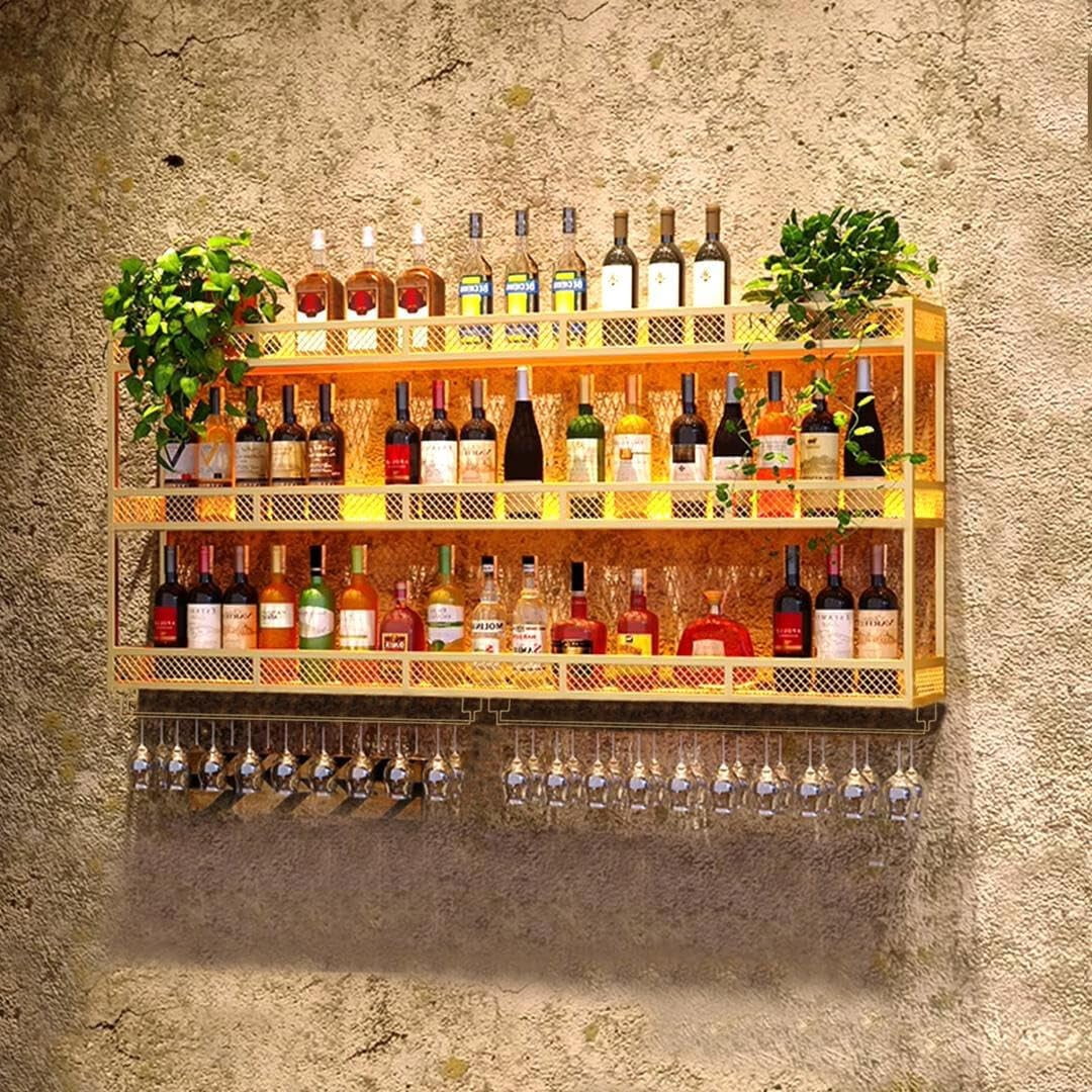 39in X2 Wine Rack with LED Lighting Wall Mounted Glass Holder, 3-Tiers ...