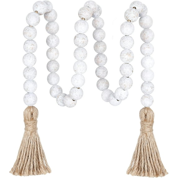 39inch Wood Bead Garland Farmhouse with Tassels, Prayer Beads Garland Boho Wall Hanging Home Decor