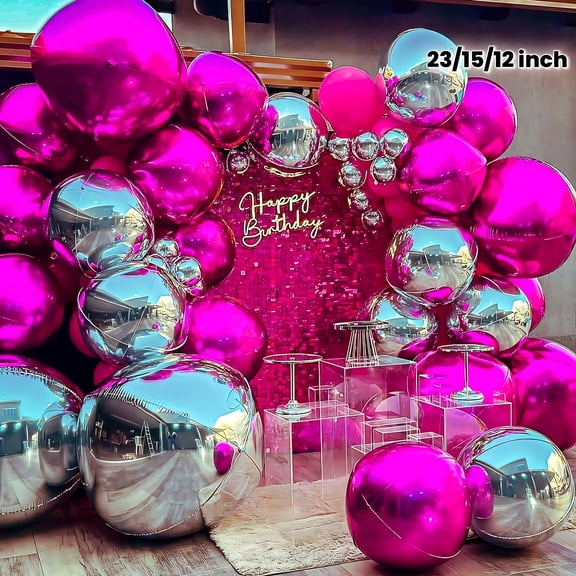 [39pcs 4D Foil Balloons] 39pcs 4D Foil Metallic Pink & Silver Balloon Set | Birthday Party Backdrop Decoration | 23/15/12 inch Round Balloons Wedding Anniversary Setup