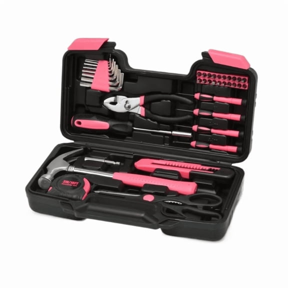39pcs Multifunctional Home Hand Tool Set | Pink Hardware Tool Kit for Women, Includes Wrench, Screwdrivers, Pliers, and Hammer - Metal Construction