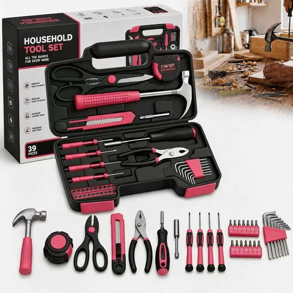39pcs Pink Tool Kit, Handheld Tools, Ideal for Basic Home Repairs
