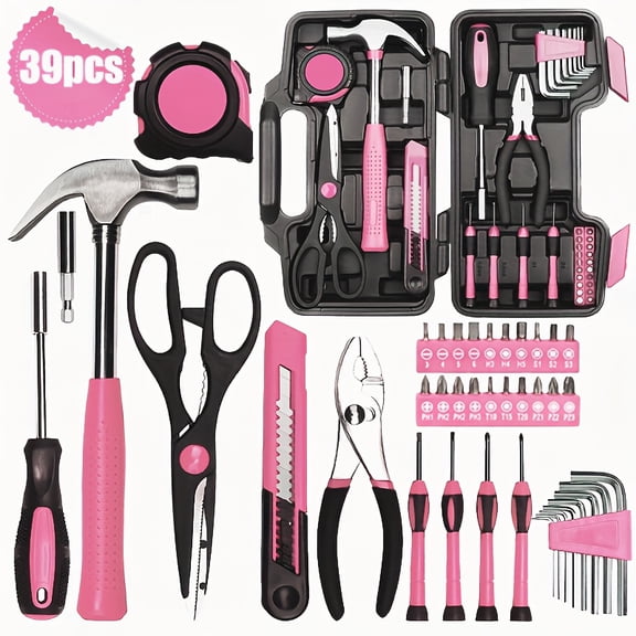 39pcs Pink Tool Kit | Includes Screwdriver, Utility Knife, Scissors, Tape Measure, Hammer, Internal Hex Wrench, Pliers | Suitable for Home, Garage, Garden, Office, College Dormitory | Ideal for Women