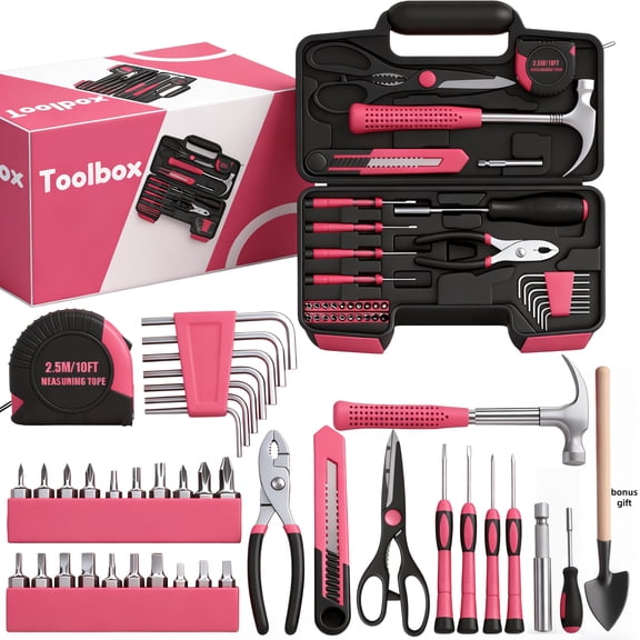 39pcs Pink Tool Kit | Includes Screwdriver, Utility Knife, Scissors, Tape Measure, Hammer, Internal Hex Wrench, Pliers | Suitable for Home, Garage, Garden, Office, College Dormitory | Ideal for Women