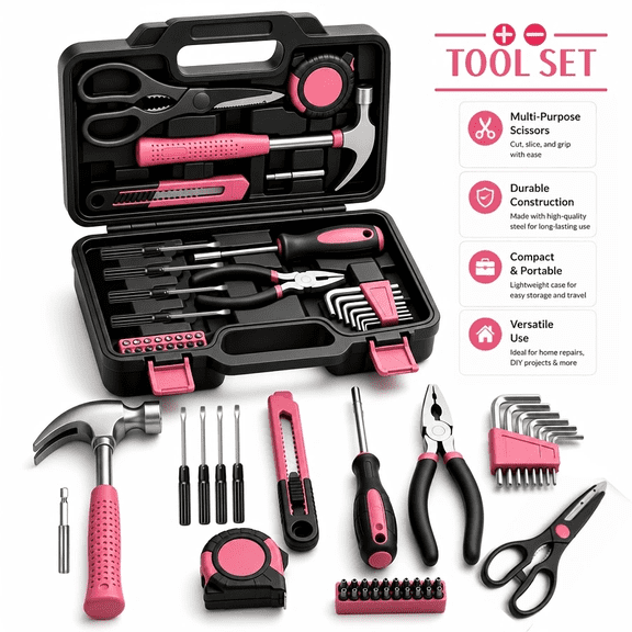 39pcs Pink Tool Set | Includes Screwdriver, Utility Knife, Scissors, Tape Measure, Hammer, Internal Hex Wrench, Pliers | Suitable for Home, Garage, Garden, Office, College Dormitory | Ideal for Women
