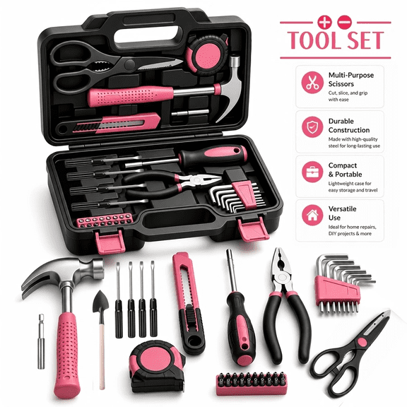 39pcs Pink Tool Set | Includes Screwdriver, Utility Knife, Scissors, Tape Measure, Hammer, Internal Hex Wrench, Pliers | Suitable for Home, Garage, Garden, Office, College Dormitory | Ideal for Women