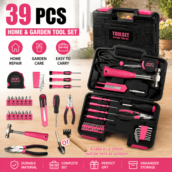 39pcs Universal Household Tool Kit (Boxed) - Essential Tools for Daily Repairs, and Crafting - 'Pink Ribbon' Edition