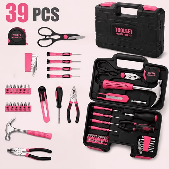 39pcs Universal Household Tool Kit (Boxed) - Essential Tools for Daily Repairs, and Crafting - 'Pink Ribbon' Edition