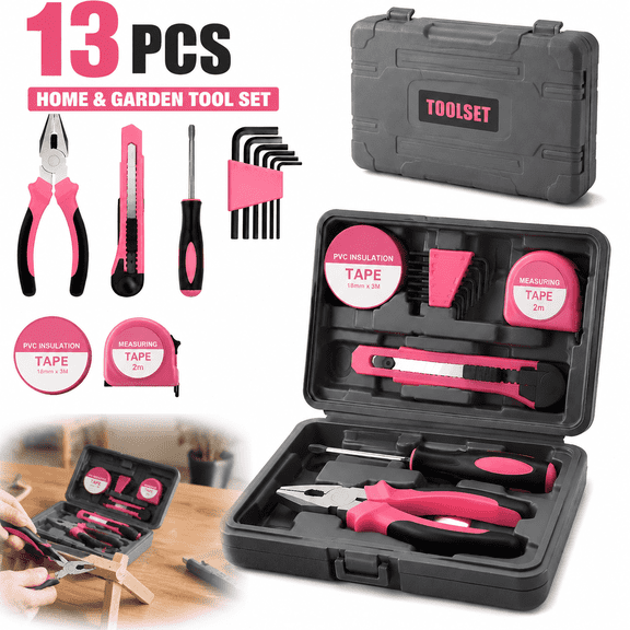 39pcs Universal Household Tool Kit (Boxed) - Essential Tools for Daily Repairs, and Crafting - 'Pink Ribbon' Edition