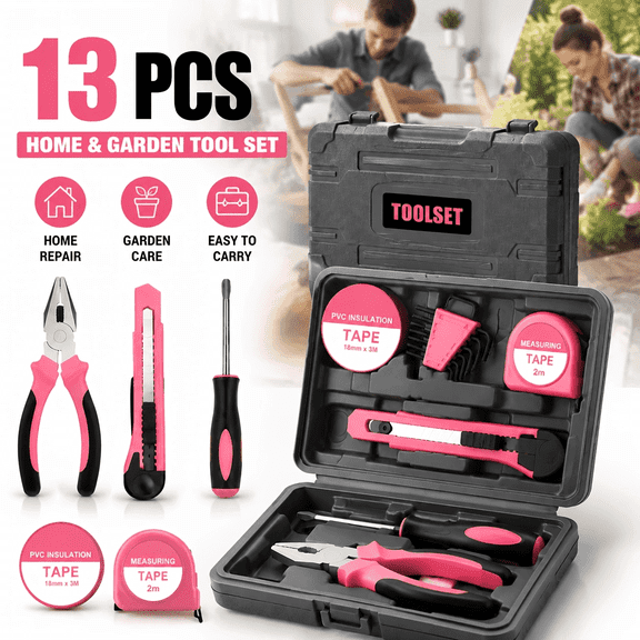 39pcs Universal Household Tool Kit (Boxed) - Essential Tools for Daily Repairs, and Crafting - 'Pink Ribbon' Edition