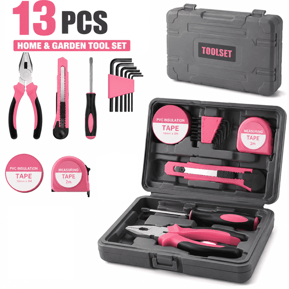 39pcs Universal Household Tool Kit (Boxed) - Essential Tools for Daily Repairs, and Crafting - 'Pink Ribbon' Edition