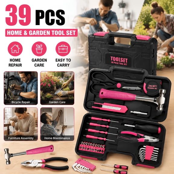 39pcs Universal Household Tool Kit (Boxed) - Essential Tools for Daily Repairs, and Crafting - 'Pink Ribbon' Edition