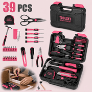 39pcs Universal Household Tool Kit Boxed - Essential Tools for Daily Repairs, and Crafting - Pink Ribbon Edition