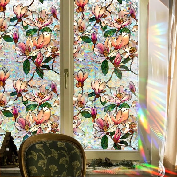 39x17in Flowers Window Decals,Non-Adhesive Colorful Privacy Static Cling Glass Sticker,Easy to Apply Removable Door Film Window Covering for Bedroom Bathroom