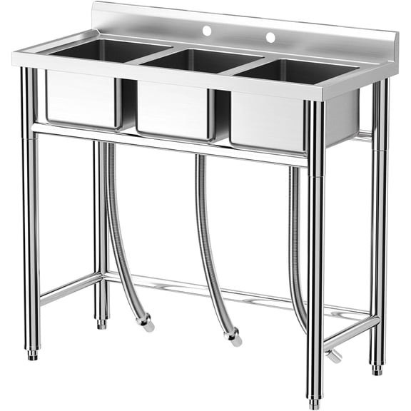 39x18x37in NSF Certified 3-Compartment Stainless Steel Utility Sink Freestanding