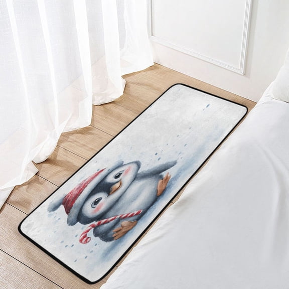 39x20 Inch Non-Slip Floor Mat Hallway Runner Rug Entrance Floor Mat Runner for Kitchen and Living Room Penguin Holding Candy Cane