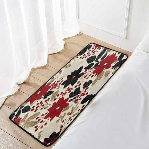 39x20 Inch Non-Slip Floor Mat Hallway Runner Rug Entrance Floor Mat Runner for Kitchen and Living Room Red and Blacks Holly Leaves