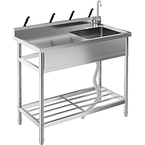 39x20in Stainless Steel Utility Sink Freestanding Single Bowl with Hot and Cold Faucet Integrated Storage Rack Commercial Laundry Farmhouse Bathroom Kitchen