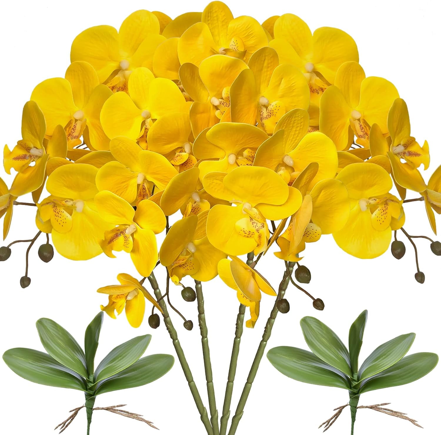 3Artificial Phalaenopsis Flowers with Leaves Artificial Orchid Flowers Stem Plants Fake Butterfly Phalaenopsis Flowers for Home Wedding Party Décor (Yellow)