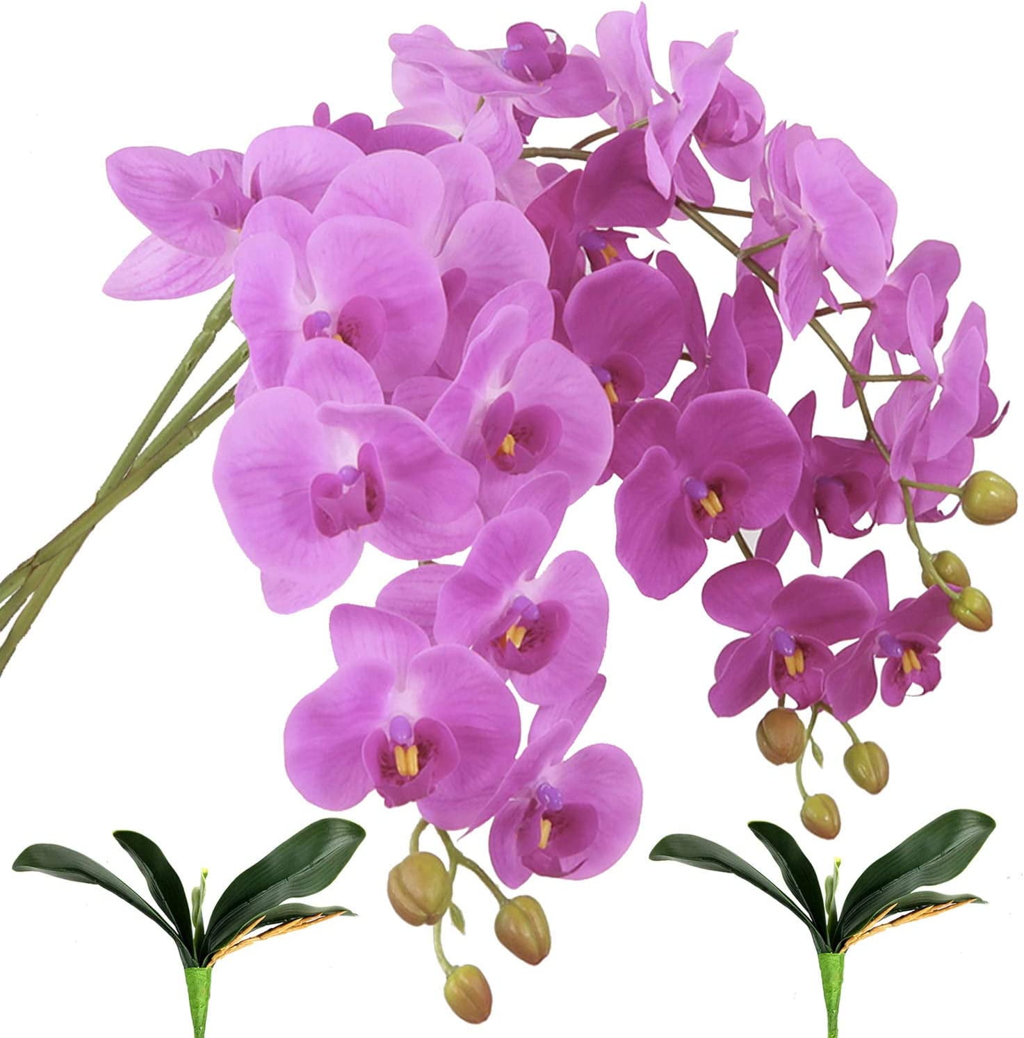 3Artificial Silk Phalaenopsis Flowers with Leaves Artificial Orchid Flowers Stem Plants in Fake Butterfly Phalaenopsis Flowers for Home Wedding Party Décor (White)