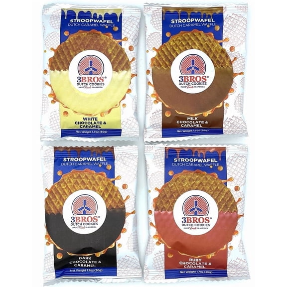 3Bros Stroopwafels Variety Pack Chocolate Dipped Caramel Filled Assorted Belgian Chocolates 16 Count