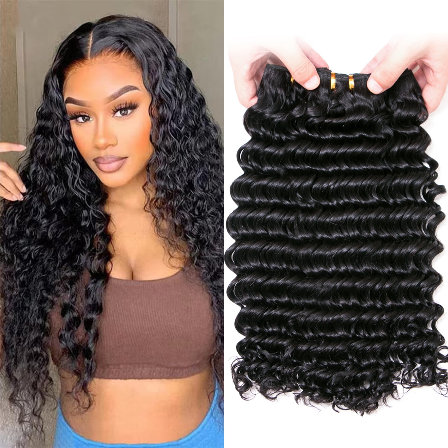 3Bundles Deep Wave Bundles Human Hair 100% Brazilian Virgin Real Human Hair Extensions for Women 3Bundles 300g enough to full with head