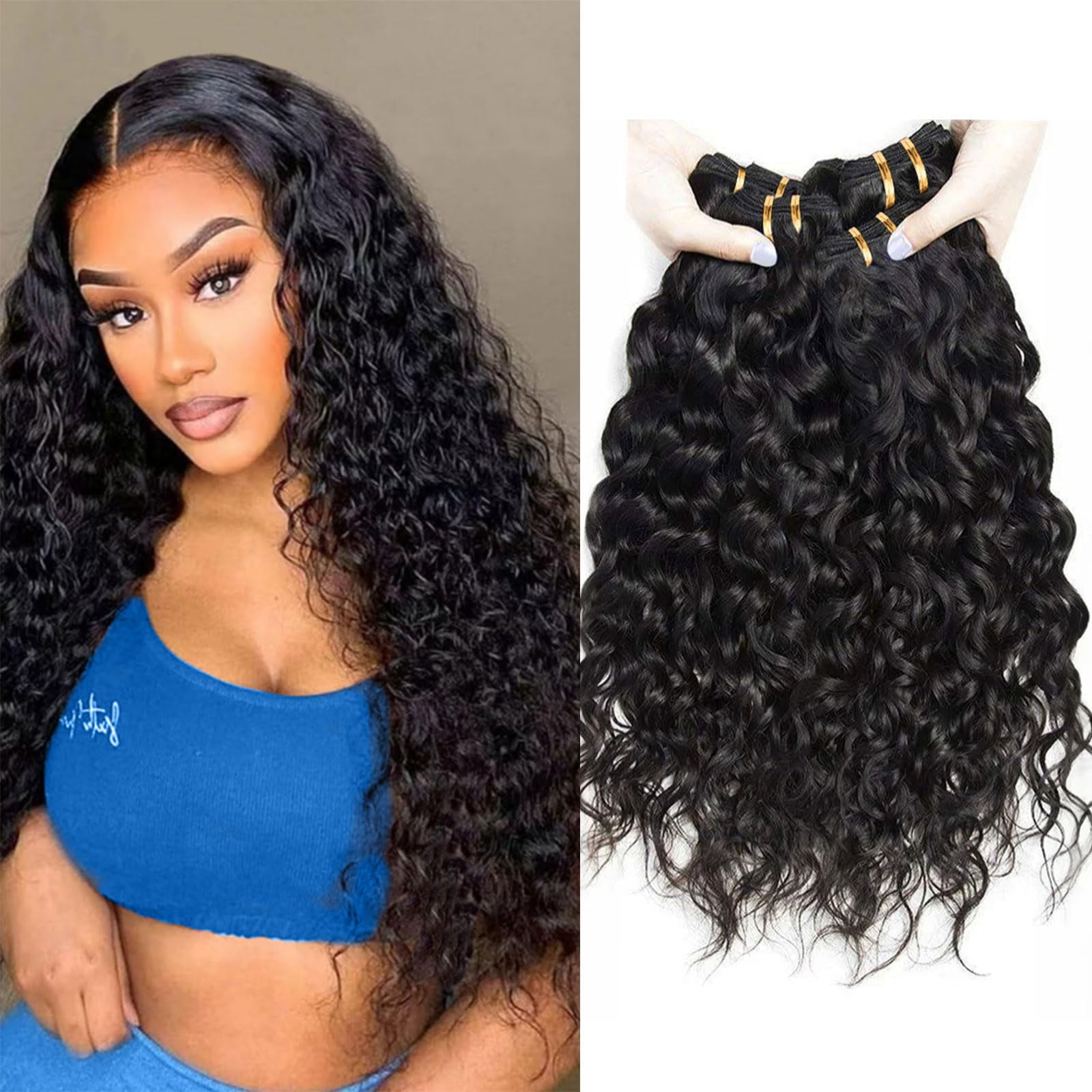 3Bundles Water Wave Human Hair Bundles Curly Bundles Human Hair for Black Women, Wet and Wavy 300g Human Hair Extensions