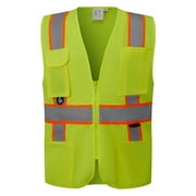 3C Products ANSI/ISEA 107-2015 Class 2 Safety Green Cool Mesh Safety Vest w/ Zipper Closure and 4 Outside Pockets / Solid Front & Mesh Back- SV2300-L