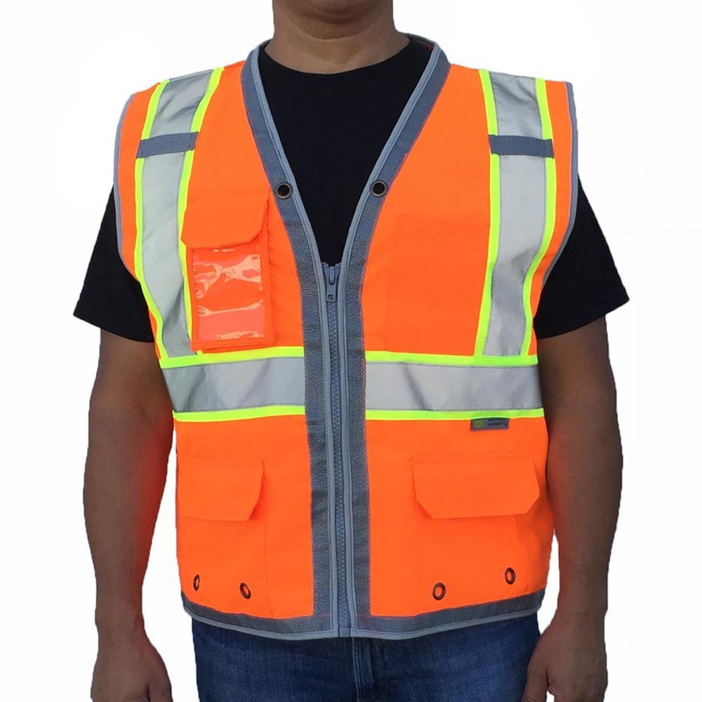 3C Products ANSI/ISEA 107-2015 Class 2 Safety Orange Solid Front, Mesh Back Surveyor Safety Vest w/ Tablet-Pockets, Mic Tabs and Pen Holder - SV2800-M