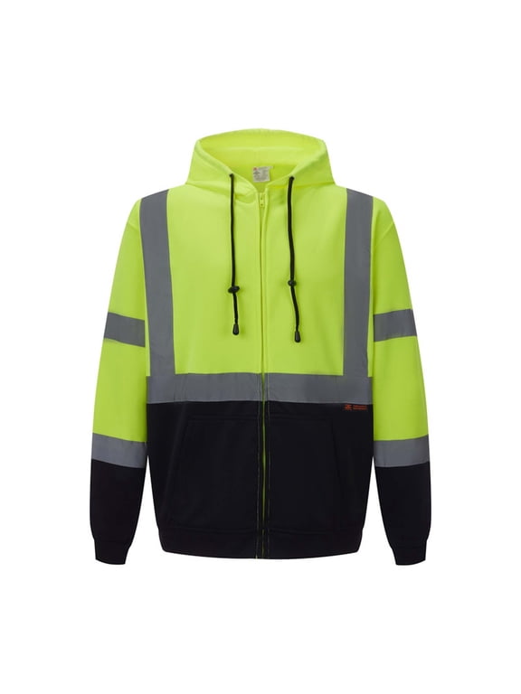 ANSI/ISEA 107-2015 Class 3 Ultra Soft Fleece Safety Green Hoodie Jacket with Front Zipper Closure & Black Bottom - SAJ6700-2XL
