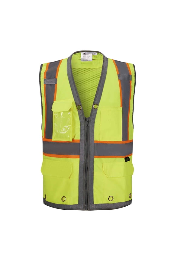 ANSI/ISEA 107-2020 Class 2 Safety Green Solid Front, Mesh Back Surveyor Safety Vest w/ Tablet-Pockets, Mic Tabs and Pen Holder - SV2700-S