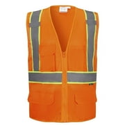 3C Products Deluxe Safety Orange ANSI Class 2 Cool Mesh Safety Vest w/ Green Contrast Piping, Dual Mic Tabs and 4 Pockets