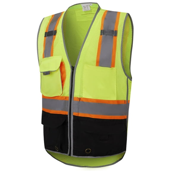 3C Products Premium ANSI/ISEA 107-2015 Class 2 Safety Green Solid Front, Mesh Back Surveyor Safety Vest w/ Black Bottom, Inside Tablet-Pocket, Mic Tabs and Pen Holder - SV3700-L