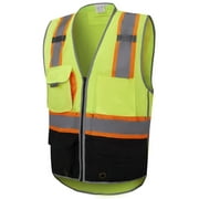 3C Products Premium ANSI/ISEA 107-2015 Class 2 Safety Green Solid Front, Mesh Back Surveyor Safety Vest w/ Black Bottom, Inside Tablet-Pocket, Mic Tabs and Pen Holder - SV3700-L