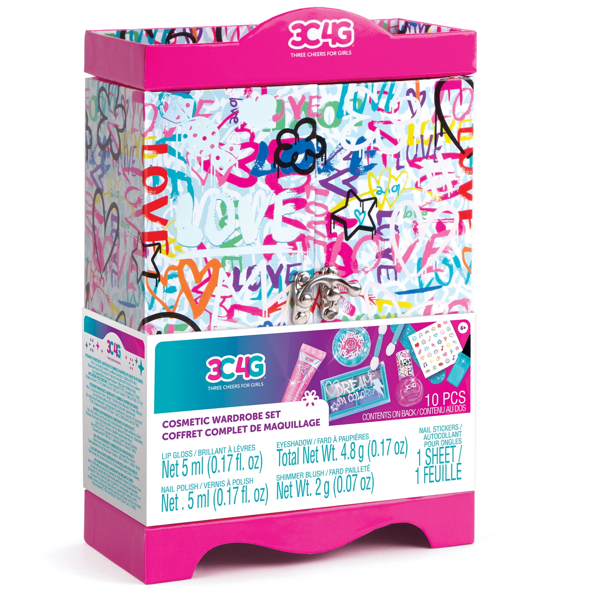3C4G: Graffiti: Cosmetic Wardrobe Kit - Make It Real, Tweens & Girls, Lips-Nails-Face, Wardrobe Case Filled With Cosmetics, Gloss, Eyeshadow, Blush, Polish & More, Three Cheers For Girls, Kids Ages 6+