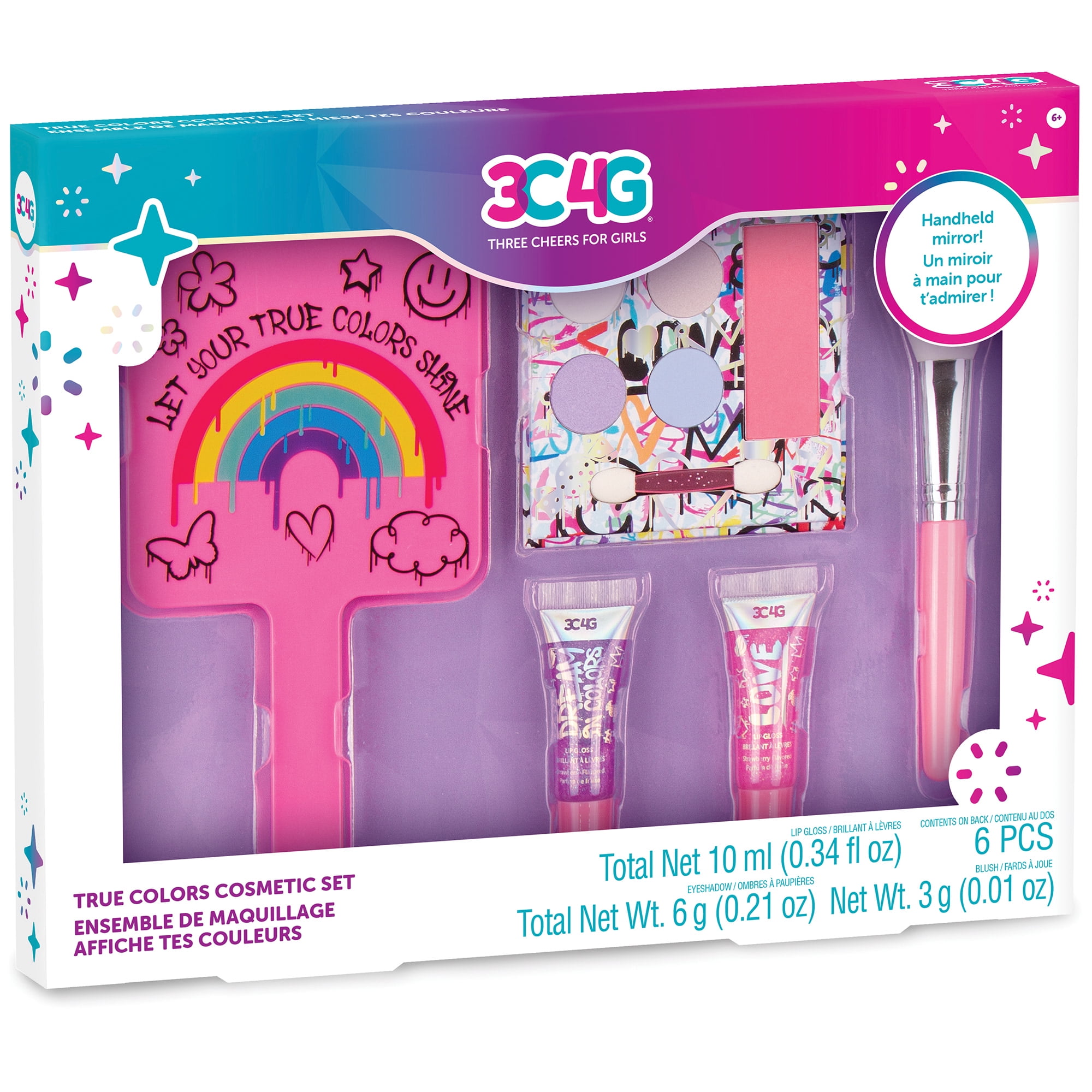 3C4G: Graffiti: True Colors Cosmetic Set & Mirror - 6 Piece Set, Make It Real, Tweens & Girls, Includes Handheld Mirror, Gloss, Makeup & Blush Brush, Three Cheers For Girls, Kids Ages 6+