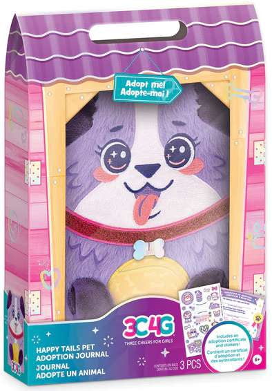 3C4G: Happy Tails Pet Adoption Journal - Cat - Pink Fuzzy Plush Diary, 3D Ears & Paws, Stickers, Custom Animal Adoption Certificate, Girls & Kids 6+