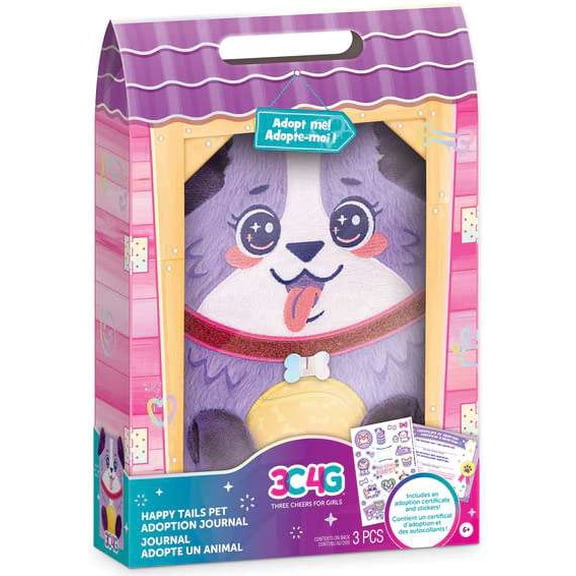 3C4G: Happy Tails Pet Adoption Journal - Cat - Pink Fuzzy Plush Diary, 3D Ears & Paws, Stickers, Custom Animal Adoption Certificate, Girls & Kids 6+