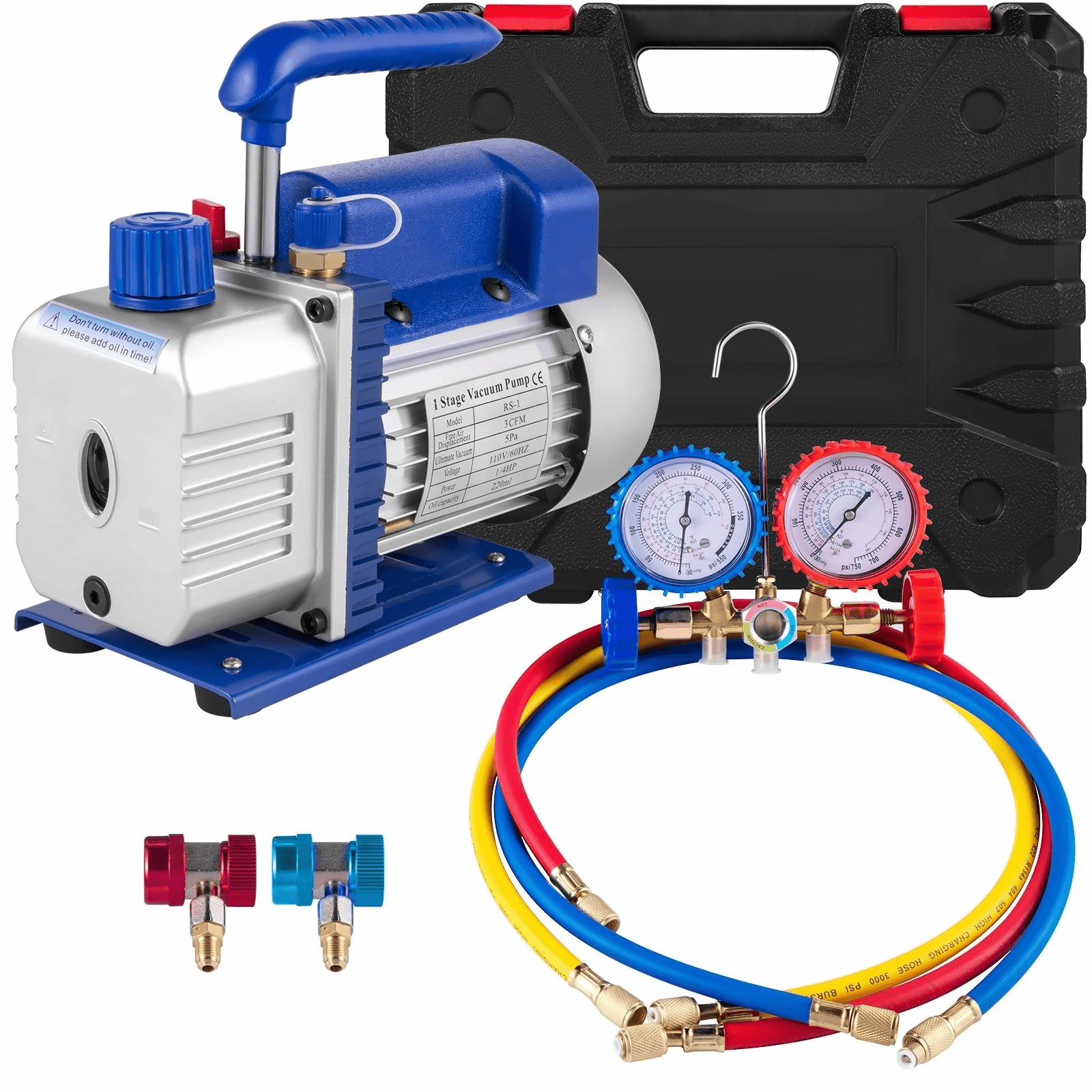 3CFM 1/4HP Single Stage Air Vacuum Pump HVAC R134a R12 R22 R410a A/C Refrigeration Kit AC Manifold Gauge R134 Can Tap Included Carrying Tote
