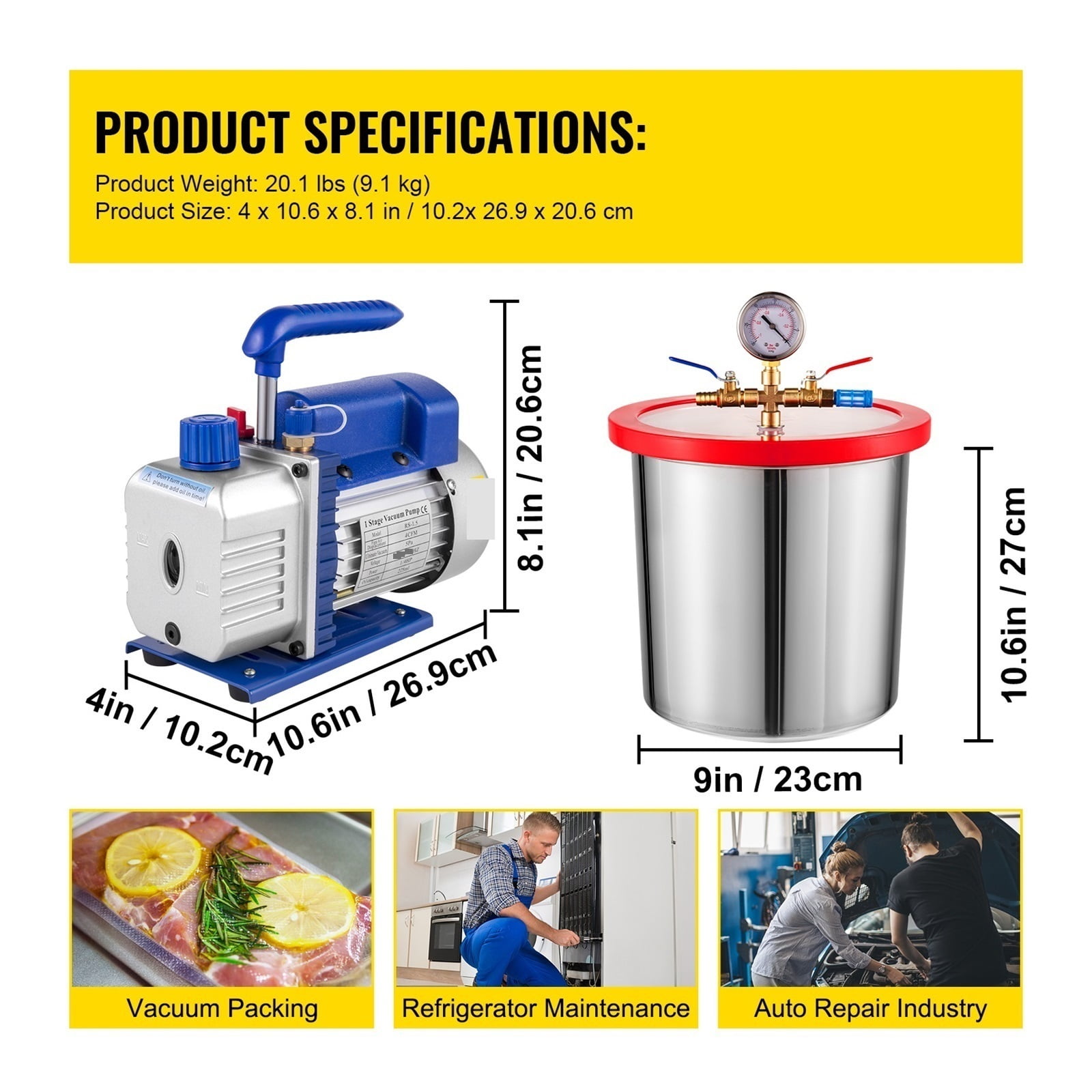 3CFM 4CFM Refrigerant Vacuum Pump W/ 1.5-5Gallon Vacuum Chamber Degassing For Household Air Conditioning, Auto Maintenance ,Low Noise