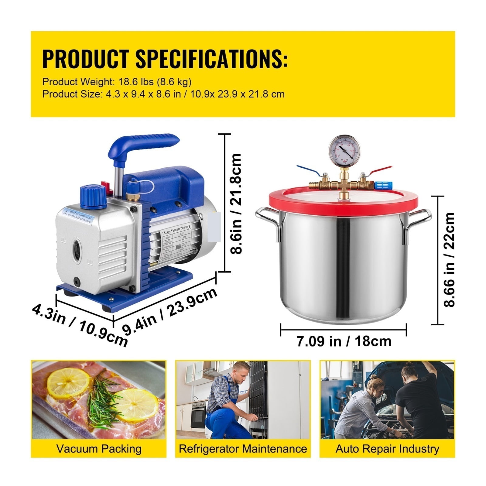3CFM 4CFM Refrigerant Vacuum Pump W/ 1.5-5Gallon Vacuum Chamber Degassing For Household Air Conditioning, Auto Maintenance ,Multi-Scenario Use