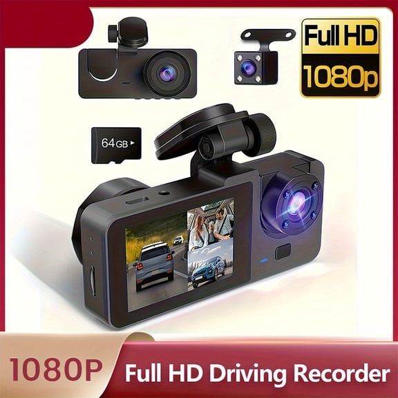 3CH Front Rear Dash Cam with IR Night Vision, Loop Recording, 32GB Card, WDR, 24H Parking Mode, Compact Shockproof Car Camera