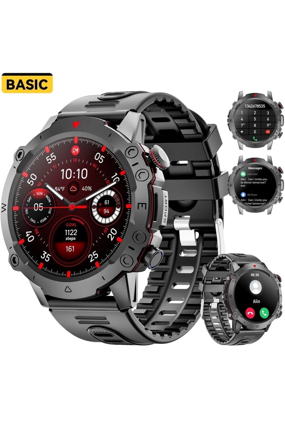 Militay Smart Watch, 1.46" HD Smart Watch for Men Zinc Alloy Case, with IP68 Waterproof/100 Sports Modes/Bluetooth Calls, Fitness Tracker for fits for Android iPhone Devices (Black)
