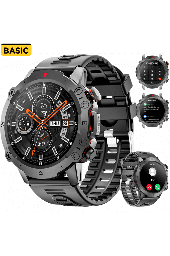 Militay Smart Watch, 1.46" HD Smart Watch for Men Zinc Alloy Case, with IP68 Waterproof/100 Sports Modes/Bluetooth Calls, Fitness Tracker for fits for Android iPhone Devices (Black)